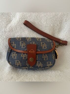 Vintage New Dooney & Bourke Denim Flap Mini Wristlet w/ Leather Trim & Strap